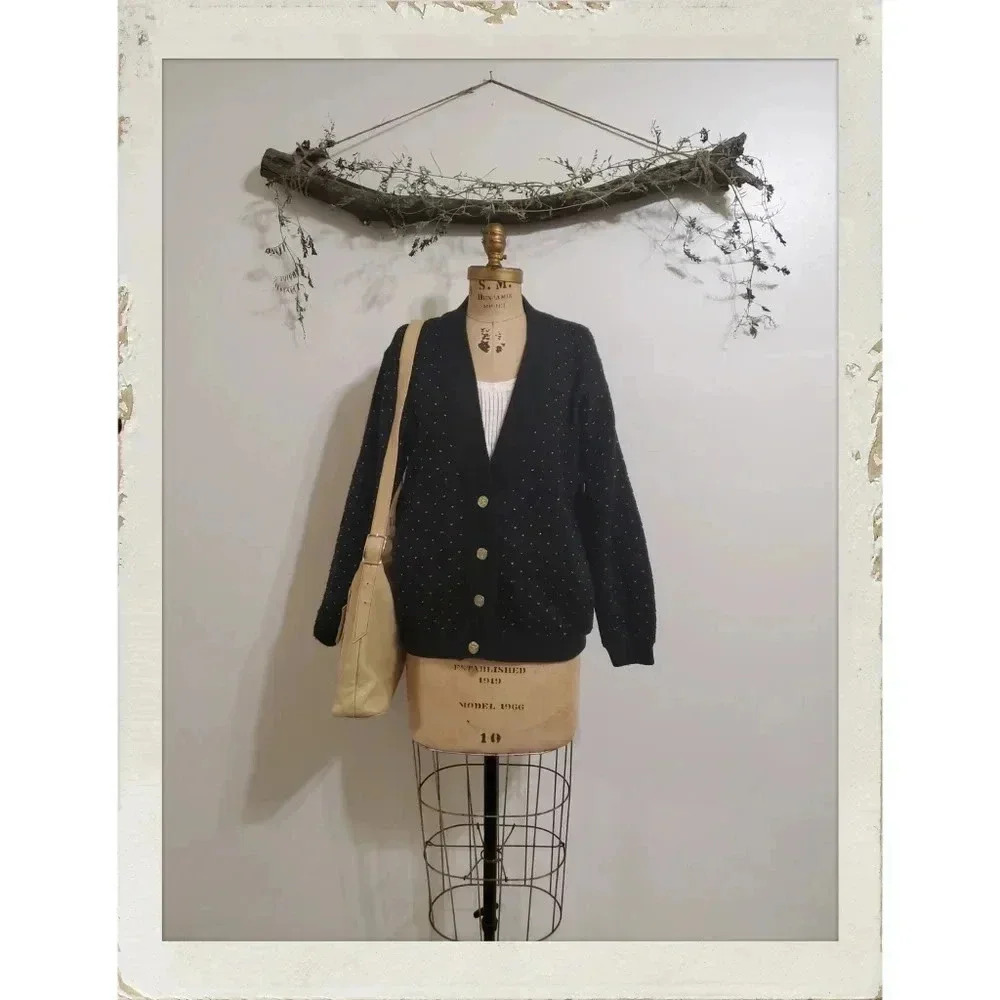 Counterparts | Vintage Metallic Gold Specks Black Preppy Knit Cardigan  Sweater